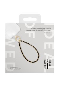 Zwart-gouden polsriem voor telefoon met een schakelontwerp, een gladde textuur en een ronde bevestigingsring. Verpakt in een doorzichtige blisterverpakking.