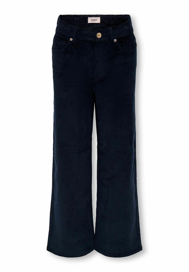 Tamno plave korduri hlače visoki struk s širokim nogavicama, prednjim džepovima i kopčanjem na dugme s oznakom "ONLY."