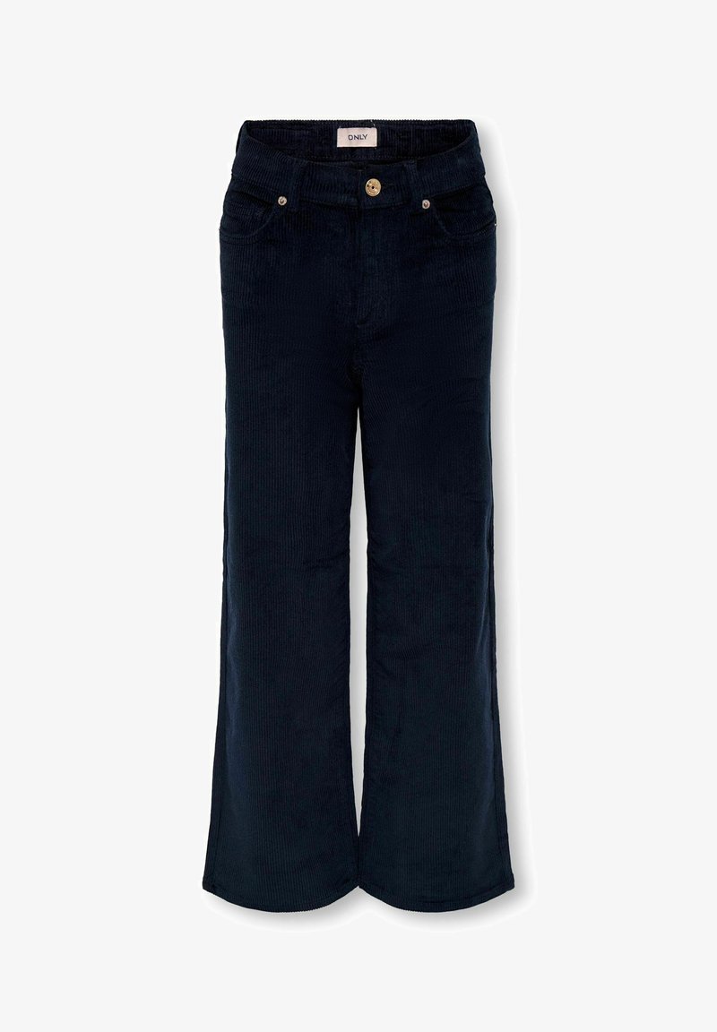 Tamno plave korduri hlače visoki struk s širokim nogavicama, prednjim džepovima i kopčanjem na dugme s oznakom "ONLY."