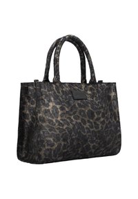 Sort og gul leopardprint tote bag med to solide håndtag, struktureret overflade og præget logo-detalje på forsiden.