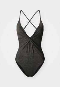 Μαύρο ολόσωμο μαγιό με λαμπερό, υφασμάτινο σχέδιο, που διαθέτει στρογγυλεμένο μπροστινό σχέδιο και ρυθμιζόμενους σταυρωτούς ιμάντες.