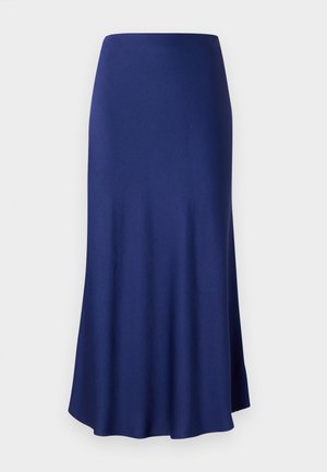 Marineblå ankel-length skjørt laget av en jevn, elastisk stoff; utvidet design med subtil glans; ingen synlige mønstre eller hardware detaljer.