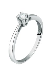 Silberner Verlobungsring mit einem runden Diamanten in einer sechszackigen Fassung, einem eleganten, polierten Band und sanften Konturen.