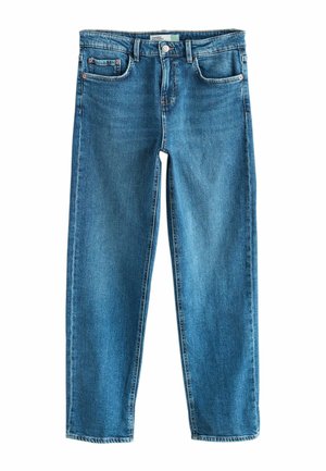 Jeans blu a taglio aderente con chiusura a bottone, passanti per cintura e design a cinque tasche, distesi su sfondo bianco.