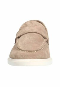 Schlichte beigen Wildleder Slipper mit abgerundeter Zehenpartie, ausgestattet mit einer strukturierten Oberfläche und einer weißen Gummisohle. Keine sichtbare Hardware oder Muster.