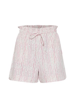 White shorts with a pink and gray vertical stripe pattern, featuring an elastic waistband and drawstring for adjustable fit.