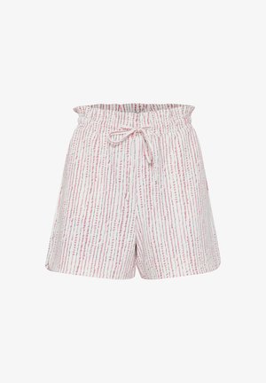 Shorts blancs avec un motif de rayures verticales roses et grises, dotés d'une taille élastique et d'un cordon de serrage pour un ajustement réglable.