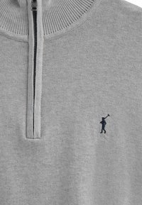 Grauer Pullover mit Reißverschluss am Hals aus Strickmaterial, mit einem gerippten Kragen und einem kleinen marineblauen Logo auf der Brust. Glatte Textur, lässiges Design.