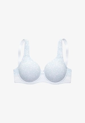 Hellblaues BH mit Unterwäschedraht, gepolsterten Cups, floralem Muster, Spitzenbesatz und verstellbaren weißen Trägern. Glatte Textur, abgerundete Form.