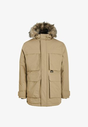 Beige geïsoleerde parka met een afneembare capuchon met bontdetail, voorzien van vier voorzakken en verstelbare manchetten. Smoothe, matte stoftextuur.