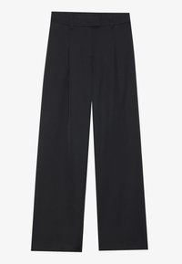 Pantaloni negri cu picioare largi, cu o textură netedă, având două pliseuri în față, un tiv și fără accesorii sau buzunare vizibile.