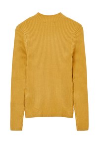 Senfgelbes, geripptes Sweatshirt mit hohem Kragen und langen Ärmeln, aus einem strukturierten Strickmaterial hergestellt.