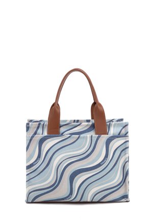 Sac fourre-tout bleu et beige à motif ondulé, avec anses en cuir marron, forme rectangulaire et ouverture sur le dessus.