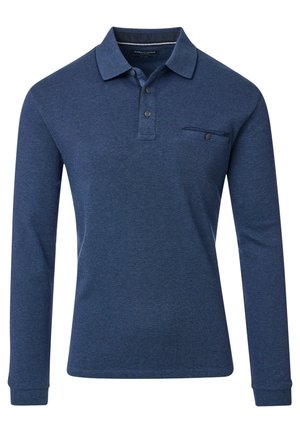 Marineblaue Langarm-Polohemd mit klassischem Kragen, Knopfleiste und einer Brusttasche. Hergestellt aus strukturiertem Baumwollstoff.