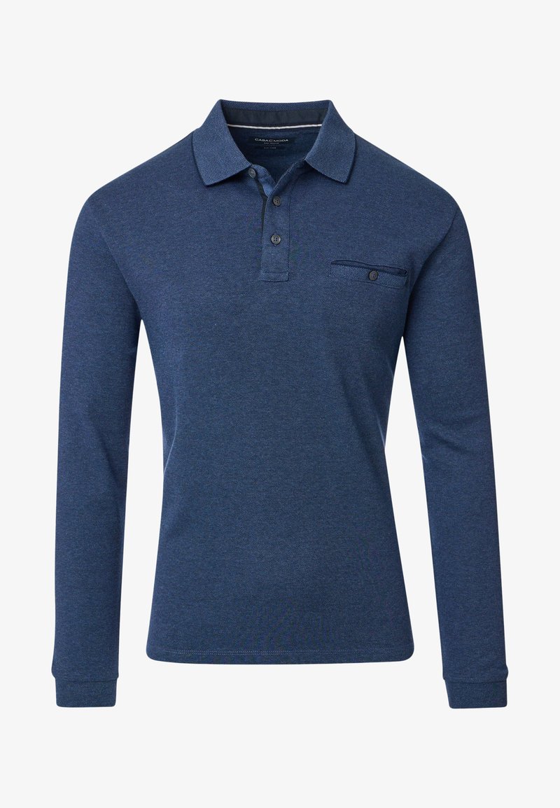 Marineblaue Langarm-Polohemd mit klassischem Kragen, Knopfleiste und einer Brusttasche. Hergestellt aus strukturiertem Baumwollstoff.