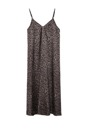 Robe longue sans manches avec fines bretelles, imprimé léopard marron et noir, tissu léger et ample.