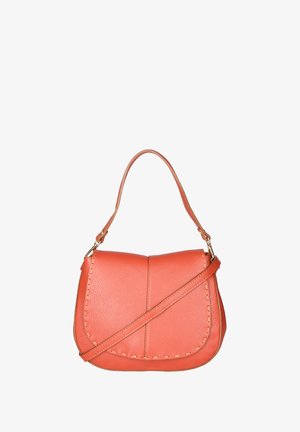 Leather shoulder bag in vibrant orange with a curved shape, decorative stitching, and a detachable strap. Features gold-tone hardware accents.