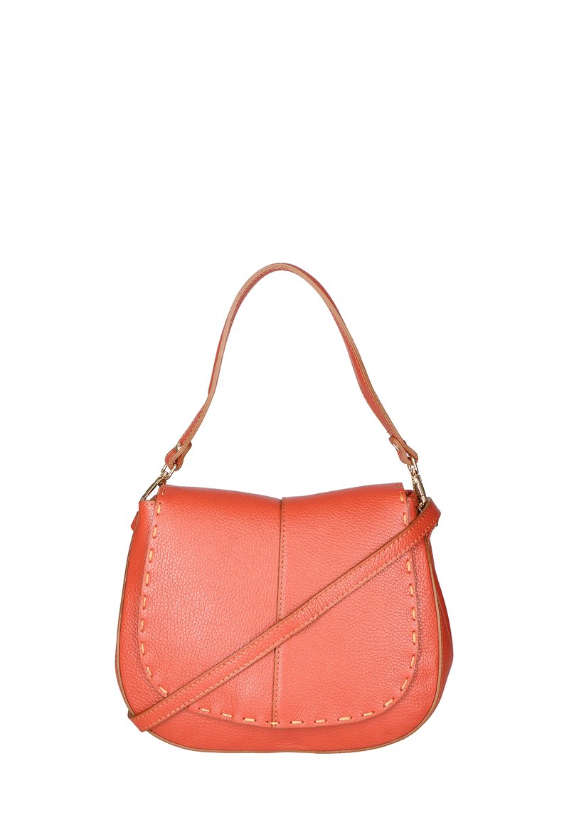 Leren schoudertas in een levendige oranje kleur met een gebogen vorm, decoratieve stiksel en een afneembare schouderriem. Voorzien van hardware-accenten in goudkleur.