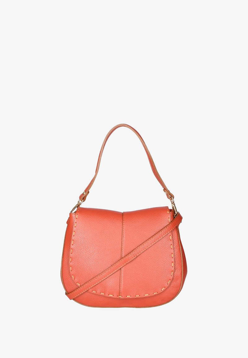 Leren schoudertas in een levendige oranje kleur met een gebogen vorm, decoratieve stiksel en een afneembare schouderriem. Voorzien van hardware-accenten in goudkleur.