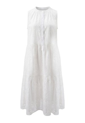Sleeveless white cotton dress with button front, floral eyelet embroidery, gathered waist, and tiered skirt reaching mid-calf length.