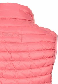 Rosa, ärmellose Steppweste mit hohem Kragen, vertikalen Nähten und einem Logoetikett auf der Rückseite. Glattes, glänzendes Material.