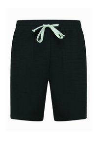 Zwarte shorts met een textuurstof, een elastische tailleband met een lichtgroene trekkoord, en een klassieke rechte snit.