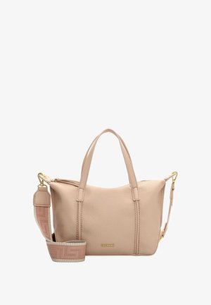 Béžová kožená kabelka s dvěma horními uchy a odnímatelným vzorovaným popruhem. Má zlaté kovové doplňky a zapínání na zip. Hladká textura.