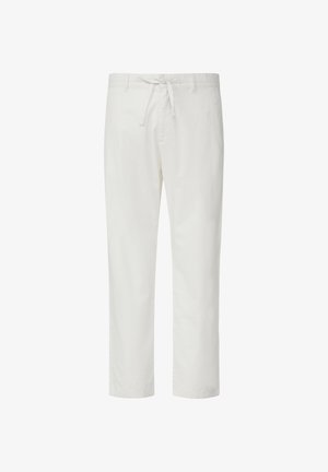 Men's white casual pants with a drawstring waist and belt loops, straight fit and ankle length.