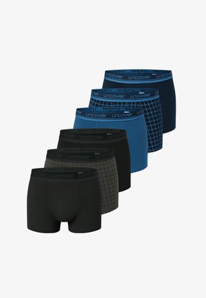 Satz von sechs Boxershorts in verschiedenen Farben: Schwarz, Dunkelgrau, Blau. Enthält einfarbige, kariert und gemusterte Designs. Weiche elastische Bundabschlüsse.