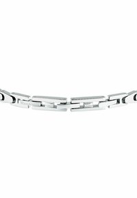 Silver metal bracelet featuring a series of interlocking links with a smooth, polished finish and engraved branding on one link.