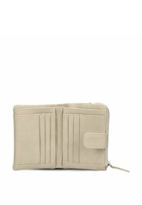 Beige Lederbrieftasche, geöffnet, mit mehreren Kreditkartenfächern auf beiden Seiten und einem Reißverschlussfach für Münzen auf der rechten Seite.