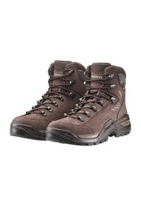 Braune Wanderstiefel aus Leder und synthetischen Materialien. Sie verfügen über hohe Knöchel, robuste Schnürsenkel und eine strukturierte Gummisohle für besseren Halt.