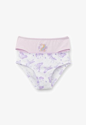Unterwäsche-Set mit einem weichen rosa Bund, der ein Einhorn-Motiv zeigt, und weißen Stoff, der mit lila Einhorn-Illustrationen verziert ist.
