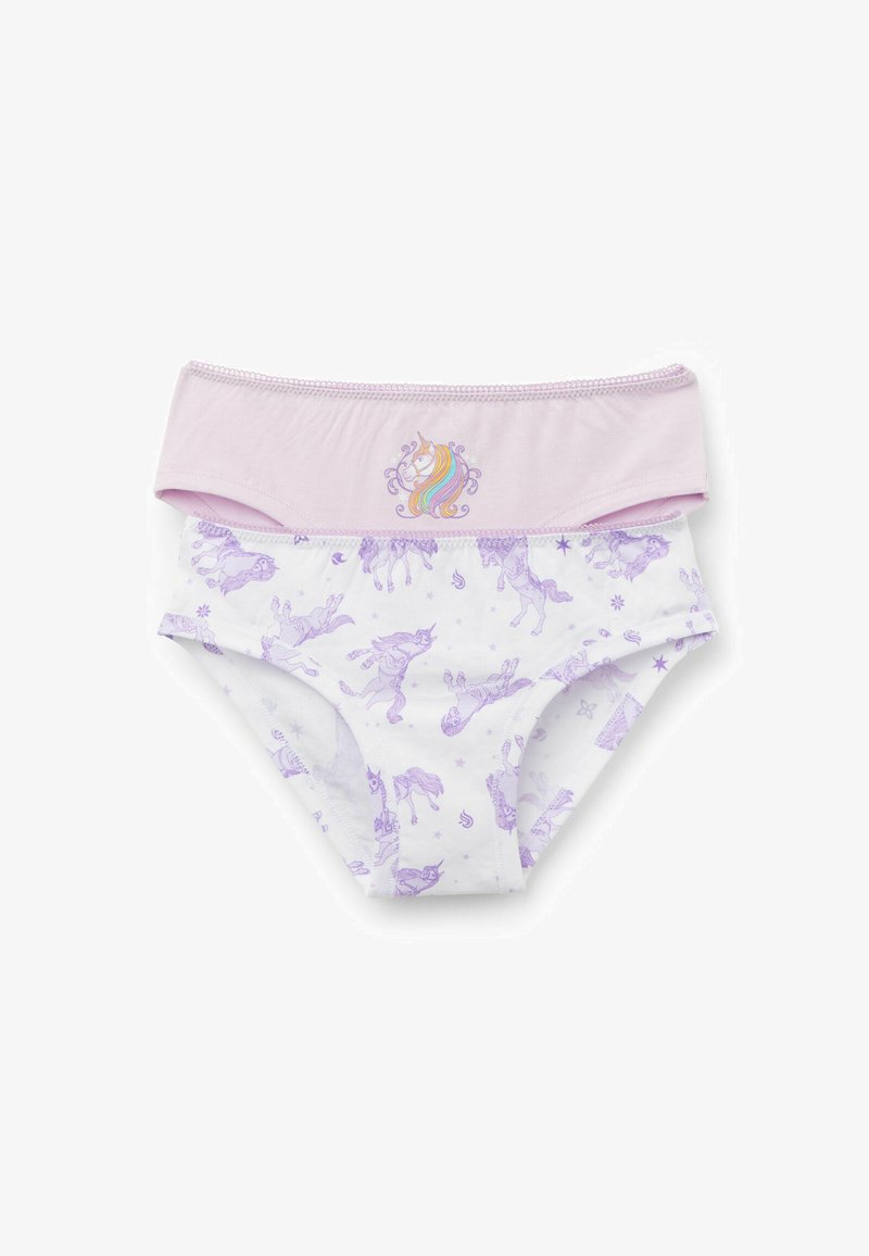 Unterwäsche-Set mit einem weichen rosa Bund, der ein Einhorn-Motiv zeigt, und weißen Stoff, der mit lila Einhorn-Illustrationen verziert ist.
