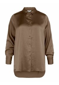 Blusa satinata marrone a maniche lunghe con colletto a punta, chiusura frontale con bottoni e orlo leggermente curvato.