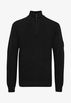 Maglione nero con colletto alto e mezza zip. Presenta un motivo a maglia testurizzato e polsini e orlo a costine. Nessun logo o accento visibile.