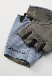 Fingerless cycling gloves in gray and light blue with textured grip, perforations, and a logo on the wrist area.