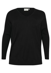 Schwarzer V-Ausschnitt-Pullover mit langen, lockeren Ärmeln, gerippten Bündchen und einer entspannten Passform. Hergestellt aus weichem, leichtem Stoff mit glatter Textur.