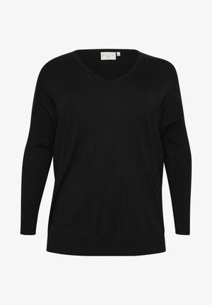 Suéter negro de cuello en V con mangas largas y sueltas, puños acanalados y un ajuste relajado. Fabricado con una tela suave y ligera de textura lisa.