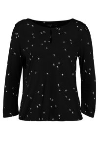 Zwarte langemouwen shirt met een ronde hals, een sleutelgatdetail en verspreide witte sterrenpatronen over de stof.