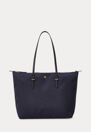 Sac cabas bleu marine avec longues poignées noires, fermeture éclair dorée en haut et petit logo RL doré au centre devant.