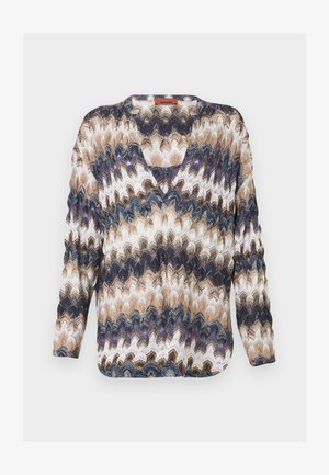 Trui met lange mouwen en V-hals met een meerkleurig zigzagpatroon in blauwtinten, beige, bruin en wit.