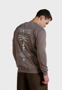 Gray sweatshirt with a crew neck and ribbed cuffs. Features a palm graphic and text on the back, with a soft, textured fabric.