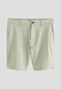 Lys grønne shorts lavet af bomuldsblanding; har to sidelommer, en enkelt frontknap og et klassisk fladt frontdesign.