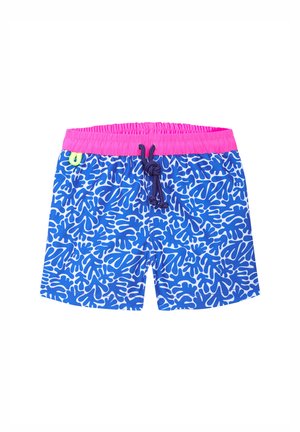 Shorts de bain avec un motif de corail bleu, une taille élastique rose et un cordon de serrage violet. Fabriqués en matériau léger, adaptés aux activités aquatiques.