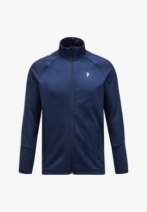 Giacca zip-up blu navy con colletto alto, realizzata in tessuto liscio, dotata di due tasche frontali e di un logo sul lato sinistro del petto.