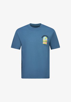 Blauw T-shirt met korte mouwen met een kleurrijk Marrakech-ontwerp en tekst op het linker borstgebied.