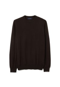 Maglione lavorato a maglia marrone scuro con colletto rotondo, maniche lunghe e polsini e orlo a coste. Texture liscia e design aderente. Etichetta del marchio visibile.