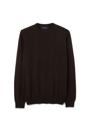 Donkerbruin gebreid sweater met een ronde hals, lange mouwen en geribde manchetten en zoom. Heeft een gladde textuur en een aansluitend ontwerp. Merklabel zichtbaar.