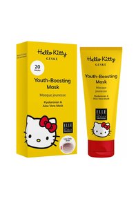 Jeugdverjongende maskerverpakking in felgeel met een Hello Kitty-ontwerp, bevat een doos met 20 maskers en een bijpassende tube met rode accenten.